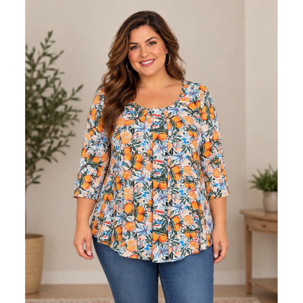 NWT Intro Top Women 2X White Orange Citrus Fruit Print Pleated Front 3/4 Sleeve